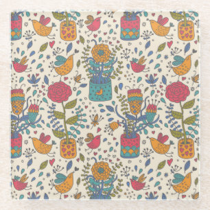Cartoon floral pattern with birds 2 glass coaster