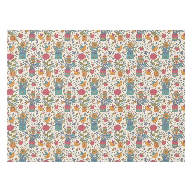 Cartoon floral pattern with birds 2 tablecloth (Front (Horizontal))