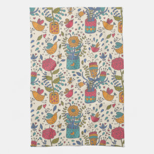 Cartoon floral pattern with birds 2 tea towel