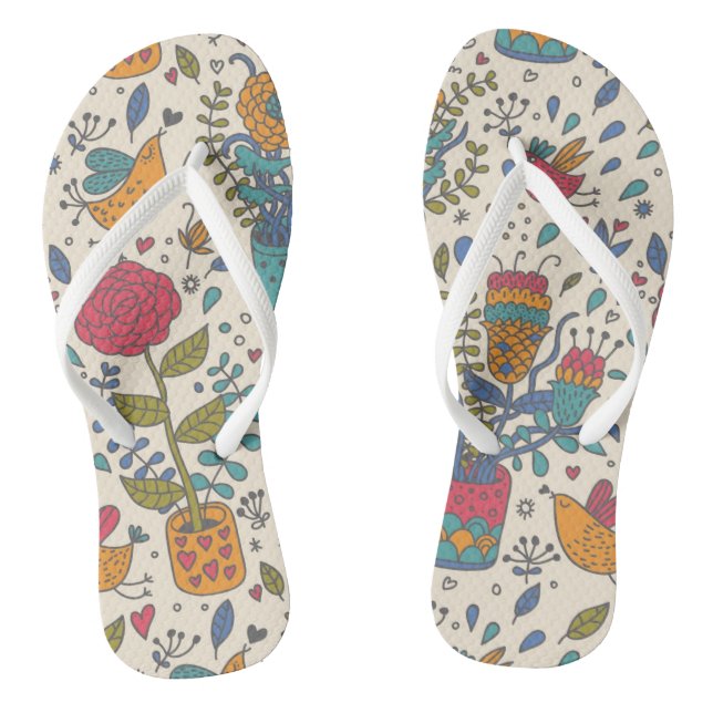 Cartoon floral pattern with birds 2 thongs (Footbed)