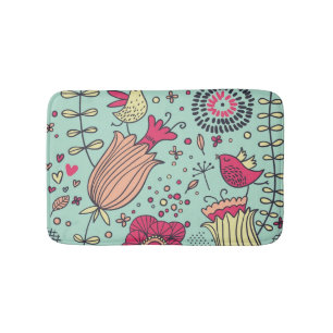 Cartoon floral pattern with birds bath mat