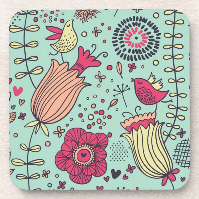 Cartoon floral pattern with birds coaster (Front)