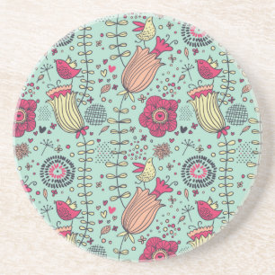 Cartoon floral pattern with birds coaster