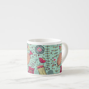 Cartoon floral pattern with birds espresso cup