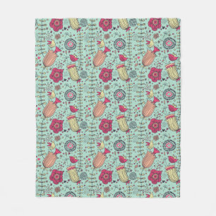 Cartoon floral pattern with birds fleece blanket