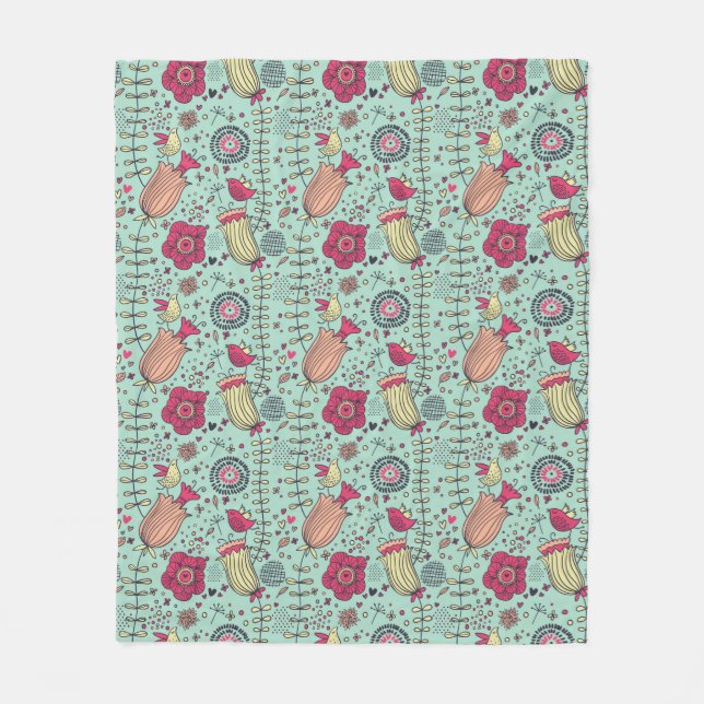 Cartoon floral pattern with birds fleece blanket (Front)