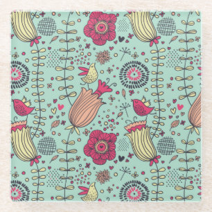 Cartoon floral pattern with birds glass coaster