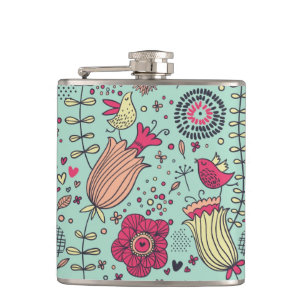 Cartoon floral pattern with birds hip flask