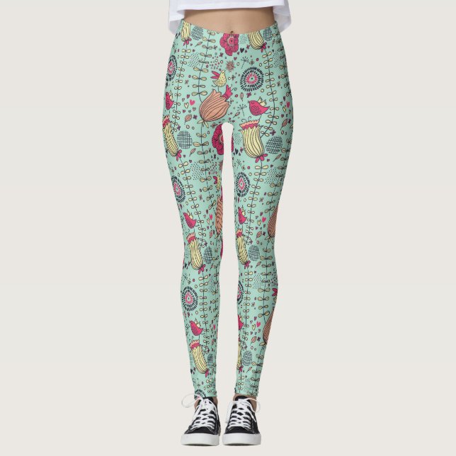 Cartoon floral pattern with birds leggings (Front)