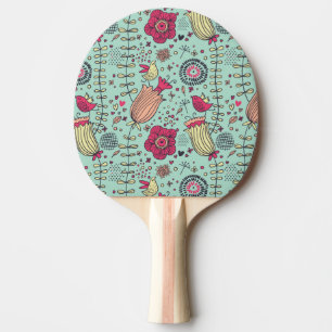 Cartoon floral pattern with birds ping pong paddle