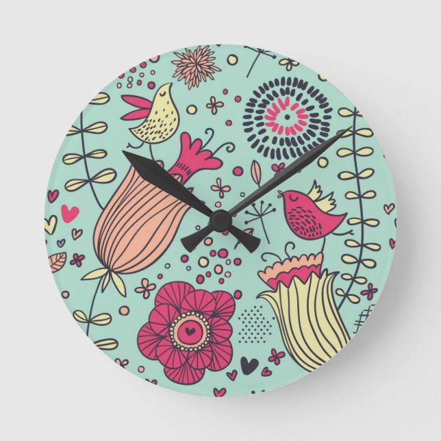Cartoon floral pattern with birds round clock (Front)