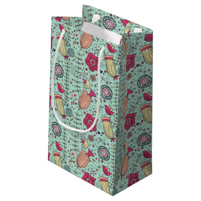 Cartoon floral pattern with birds small gift bag (Back Angled)