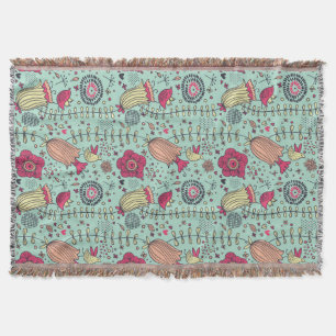 Cartoon floral pattern with birds throw blanket