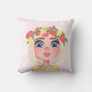 Cartoon Flower Child Girl on Pink Cushion
