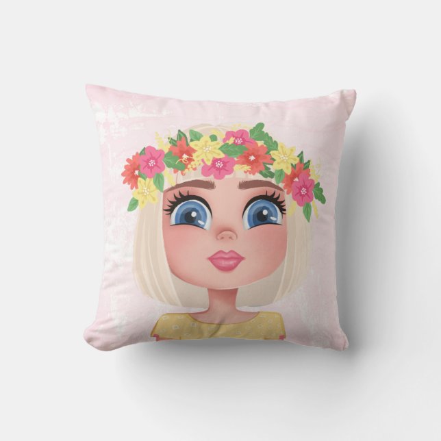 Cartoon Flower Child Girl on Pink  Cushion (Front)