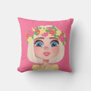 Cartoon Flower Child Girl on Pink Cushion