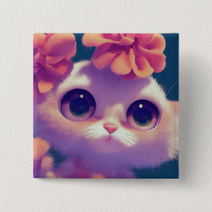 Cartoon fluffy baby kitten, big eyes, pink flower 15 cm square badge