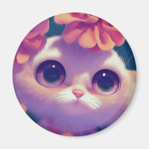 Cartoon fluffy baby kitten, big eyes, pink flower magnet