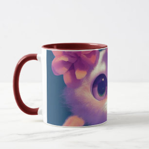 Cartoon fluffy baby kitten, big eyes, pink flower mug