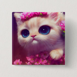 Cartoon fluffy baby kitten with big eyes and a pin