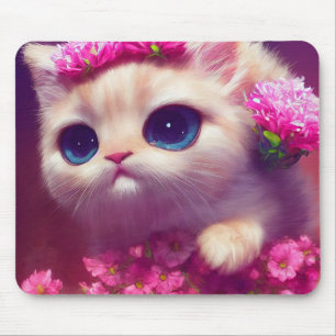 Cartoon fluffy baby kitten with big eyes and a pin mouse pad