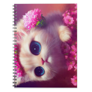 Cartoon fluffy baby kitten with big eyes and a pin notebook