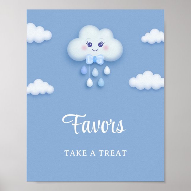 Cartoon fluffy white cloud nine blue boy favours poster (Front)