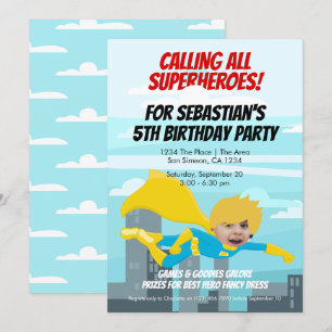 Cartoon Flying Superhero Comic Birthday Party Invitation