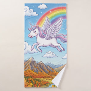 Cartoon Flying Unicorn with Rainbow Bath Towel Set