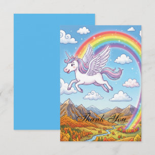 Cartoon Flying Unicorn with Rainbow Personalise Thank You Card