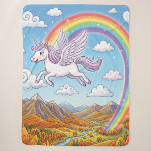 Cartoon Flying Unicorn with Rainbow Sherpa Blanket