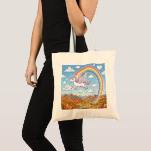 Cartoon Flying Unicorn with Rainbow Tote Bag