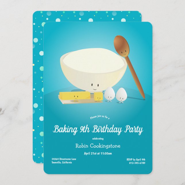 Cartoon Food Characters Blue Baking Birthday Party Invitation (Front/Back)