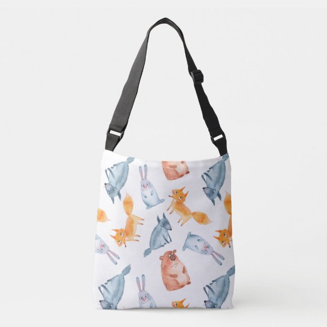 Cartoon forest animals. Wolf, bear, fox and hare. Crossbody Bag (Front)