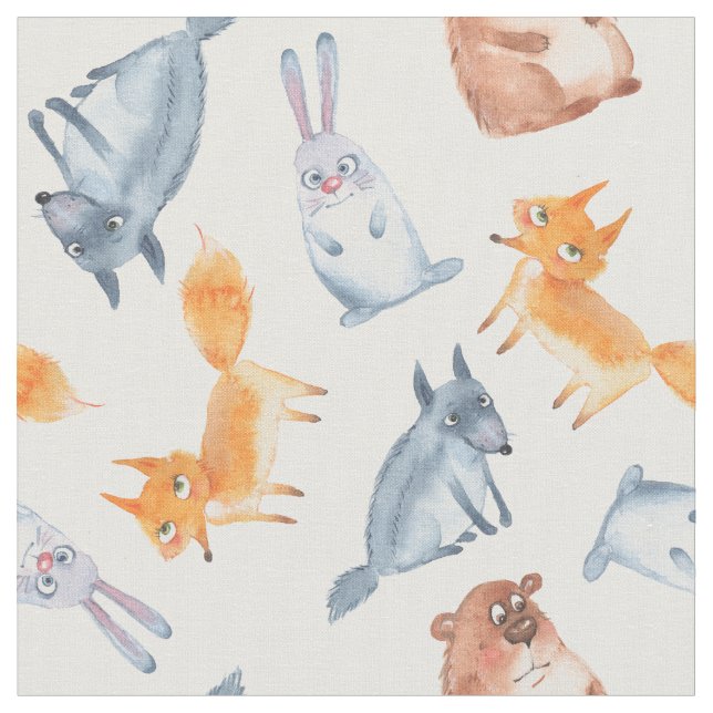 Cartoon forest animals. Wolf, bear, fox and hare. Fabric (Close Up)
