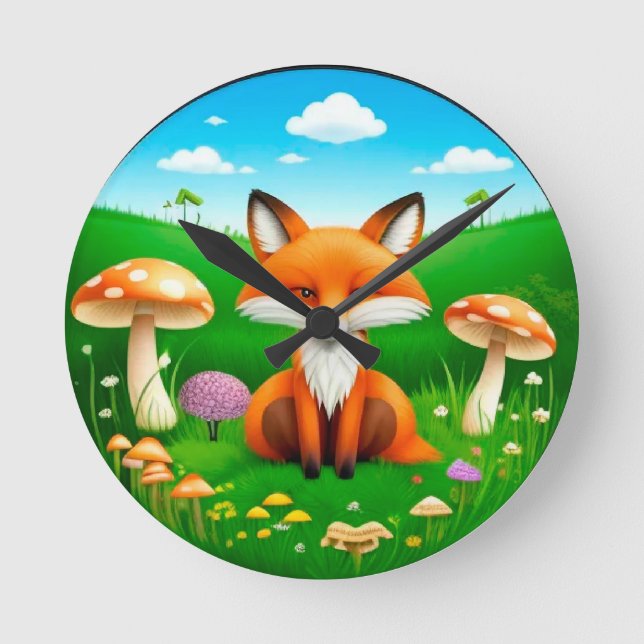 Cartoon Fox in a Forest  Round Clock (Front)