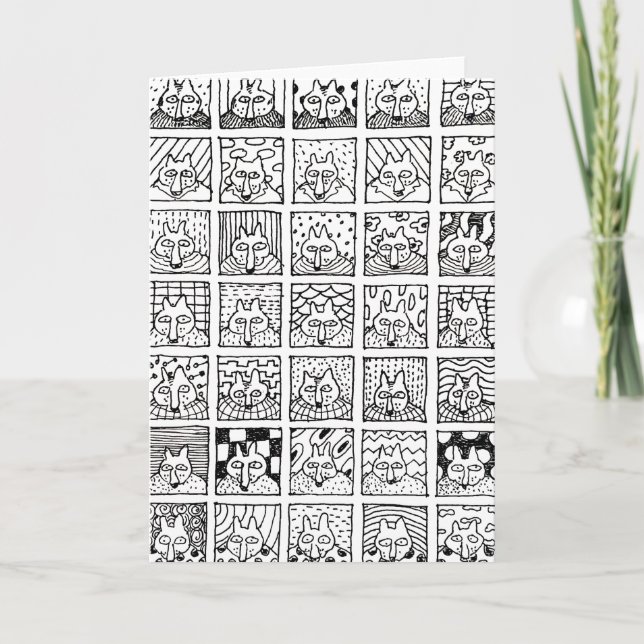 Cartoon Foxes Faces Squares Drawing Card (Front)