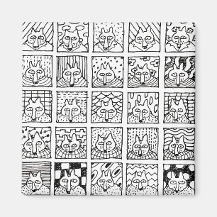 Cartoon Foxes Faces Squares Drawing  Magnet