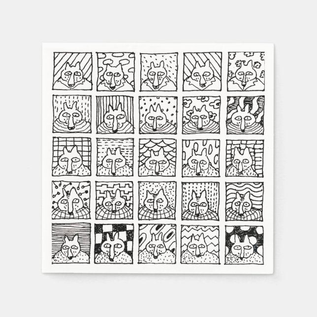 Cartoon Foxes Faces Squares Drawing Napkin (Front)