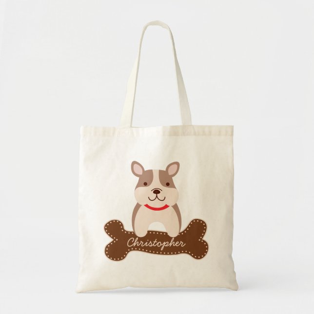 Cartoon French Bulldog Cute Puppy Dog Custom Name Tote Bag (Front)