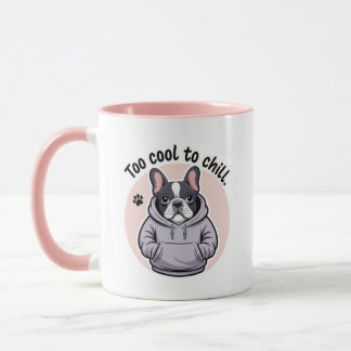 Cartoon french bulldog wearing a hoodie in mug