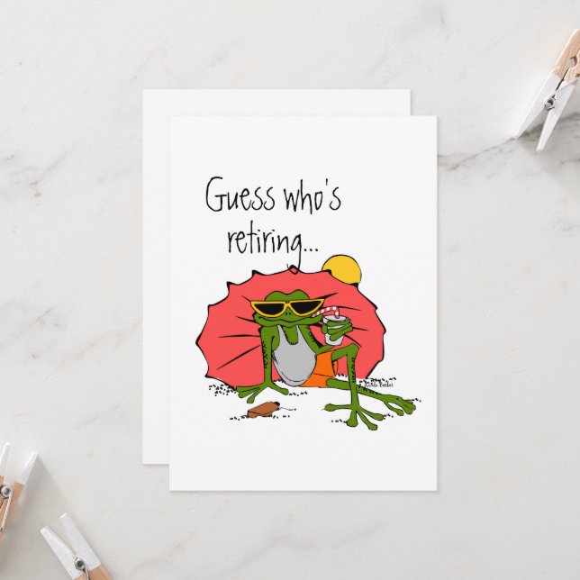 Cartoon Frog at the Beach Retirement Party Invitation (Front/Back In Situ)