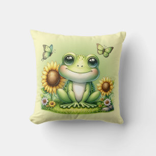 Cartoon Frog Butterflies and Sunflowers Cushion