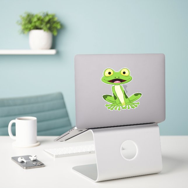 Cartoon Frog Custom-Cut Vinyl Sticker (Laptop On Desk)