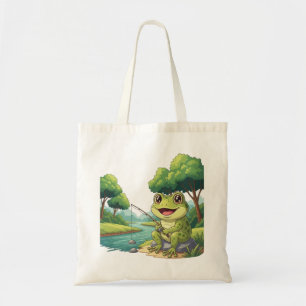 Cartoon Frog Fishing by the River Tote Bag