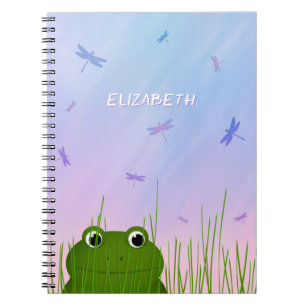 cartoon frog peeking thru grass dragonflies girls notebook
