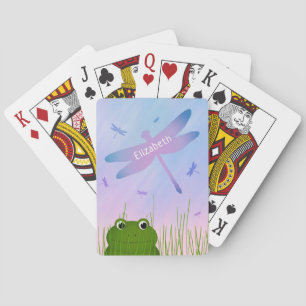 cartoon frog peeking thru grass dragonflies girls playing cards