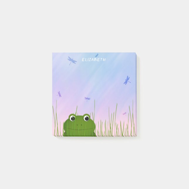 cartoon frog peeking thru grass dragonflies  post-it notes (Front)