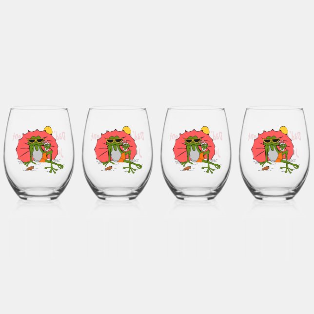 Cartoon Frog with Umbrella Retirement Party Stemless Wine Glass (Front)