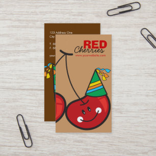 Cartoon Fun & Red Cheeky Cherries With Party Hats Business Card